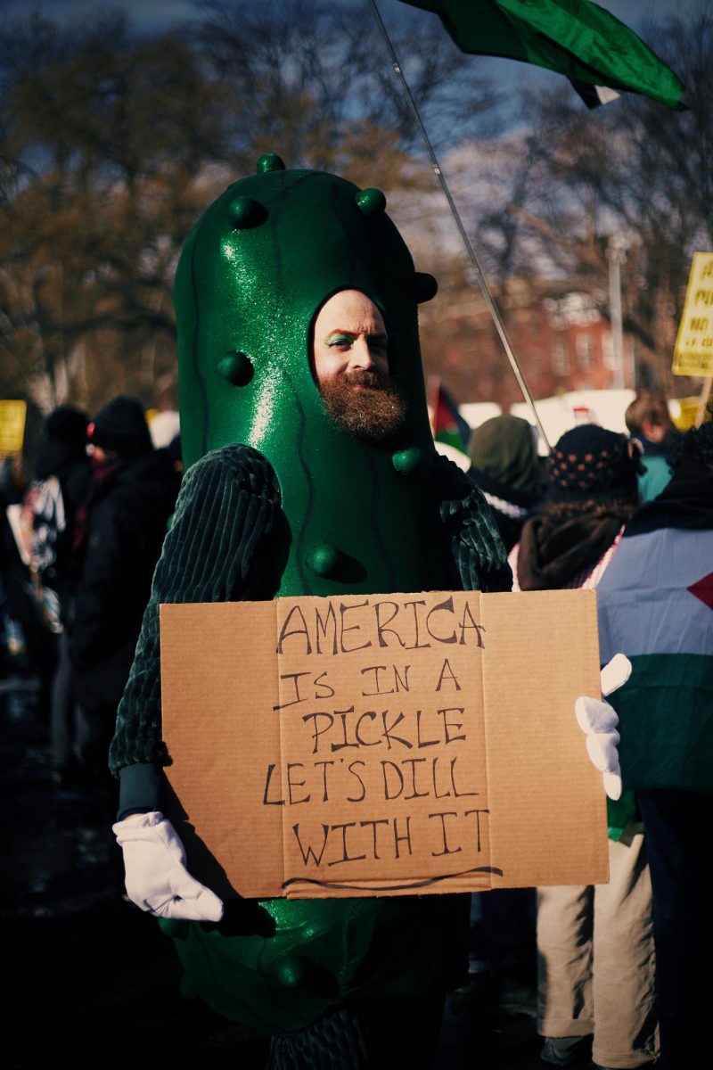 An individual in a pickle costume holding up a sign reading “America is in a pickle; let’s dill with it.”