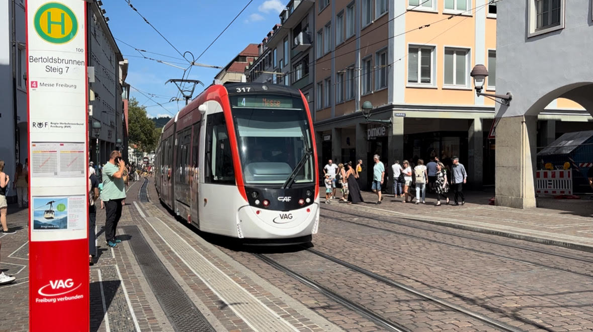 A tram in Freiburg im Breisgau, Baden-Württemberg, Germany.