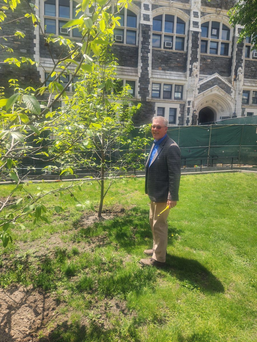 Dr. Boudreau proudly standing, pollinating stick in hand, beside one of the five pawpaw trees of CCNY.
Photo by Ms. Hesseltine.
