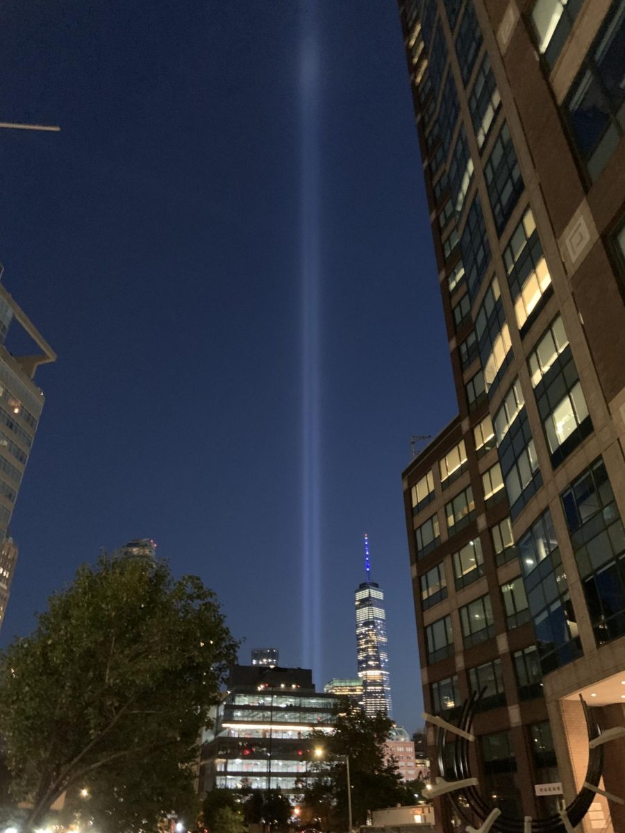 The Tribute in Light, as seen from 6th Avenue and Watts Street on 9/11/2021, reminding us all of the towers that once stood proudly over the New York City skyline.