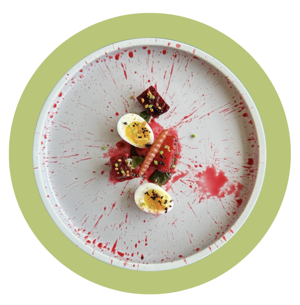 A modern dish incorporating bugs, such as black ants and agave worms.